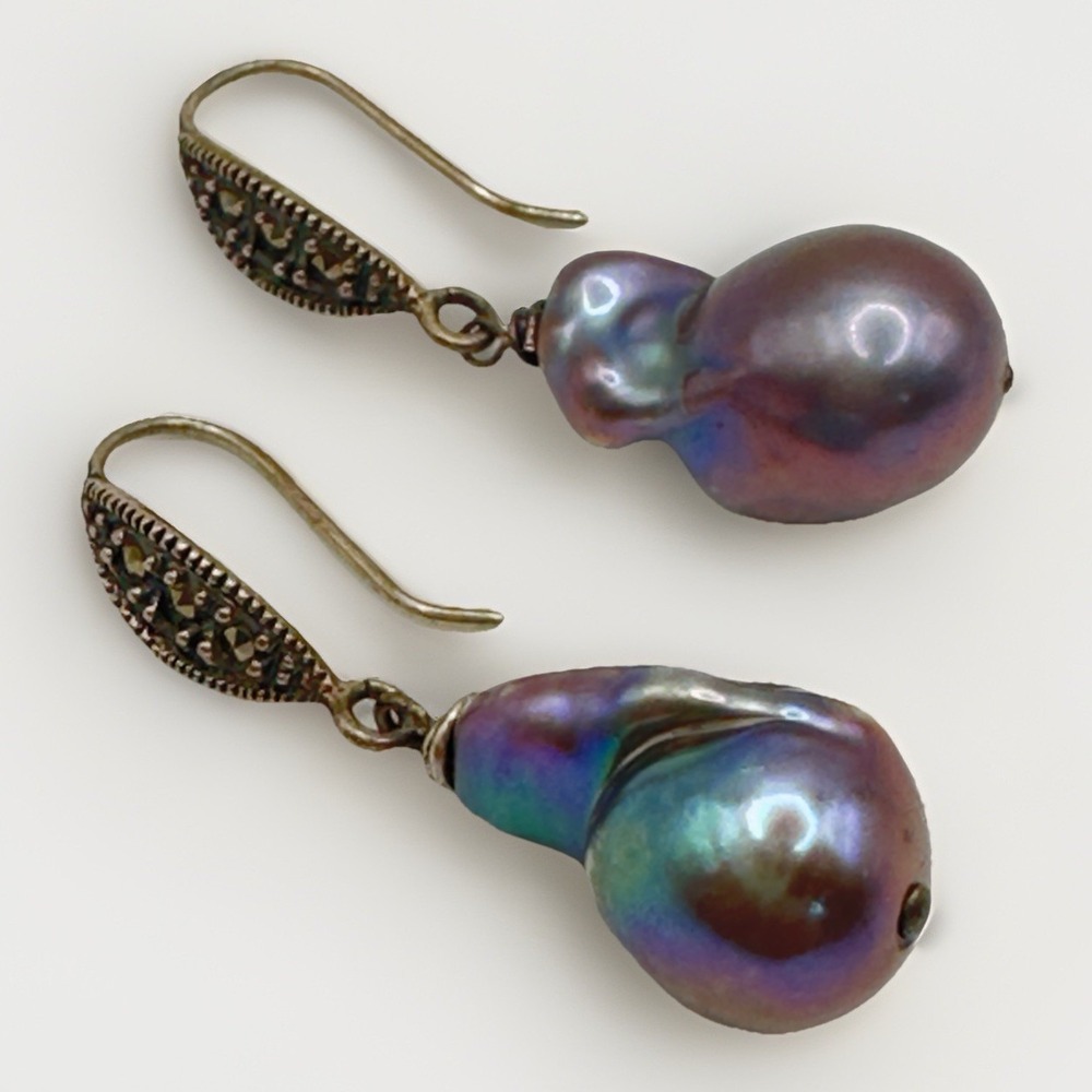 Designer Baroque Pearl Earrings Sterling Peacock Grey Teardrop Hook Dangle 1.5"
